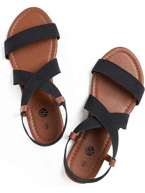 Shoes - Womens Black Open Toe Ankle Strap Solid Elastic Slip On Casual Flat Sandal Shoes